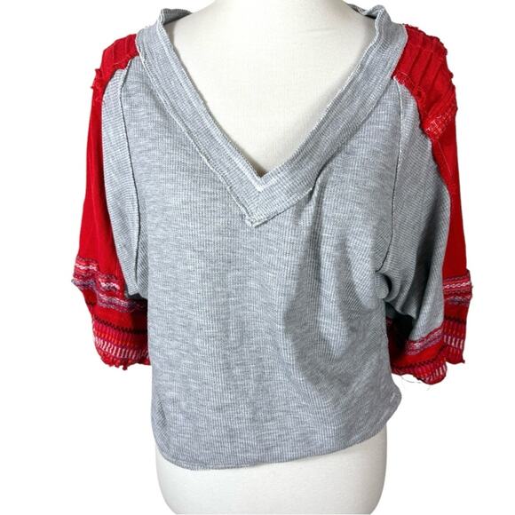 We The Free Red Grey Bubble Waffle Tee with Embroidered Sleeves S - Picture 3 of 8